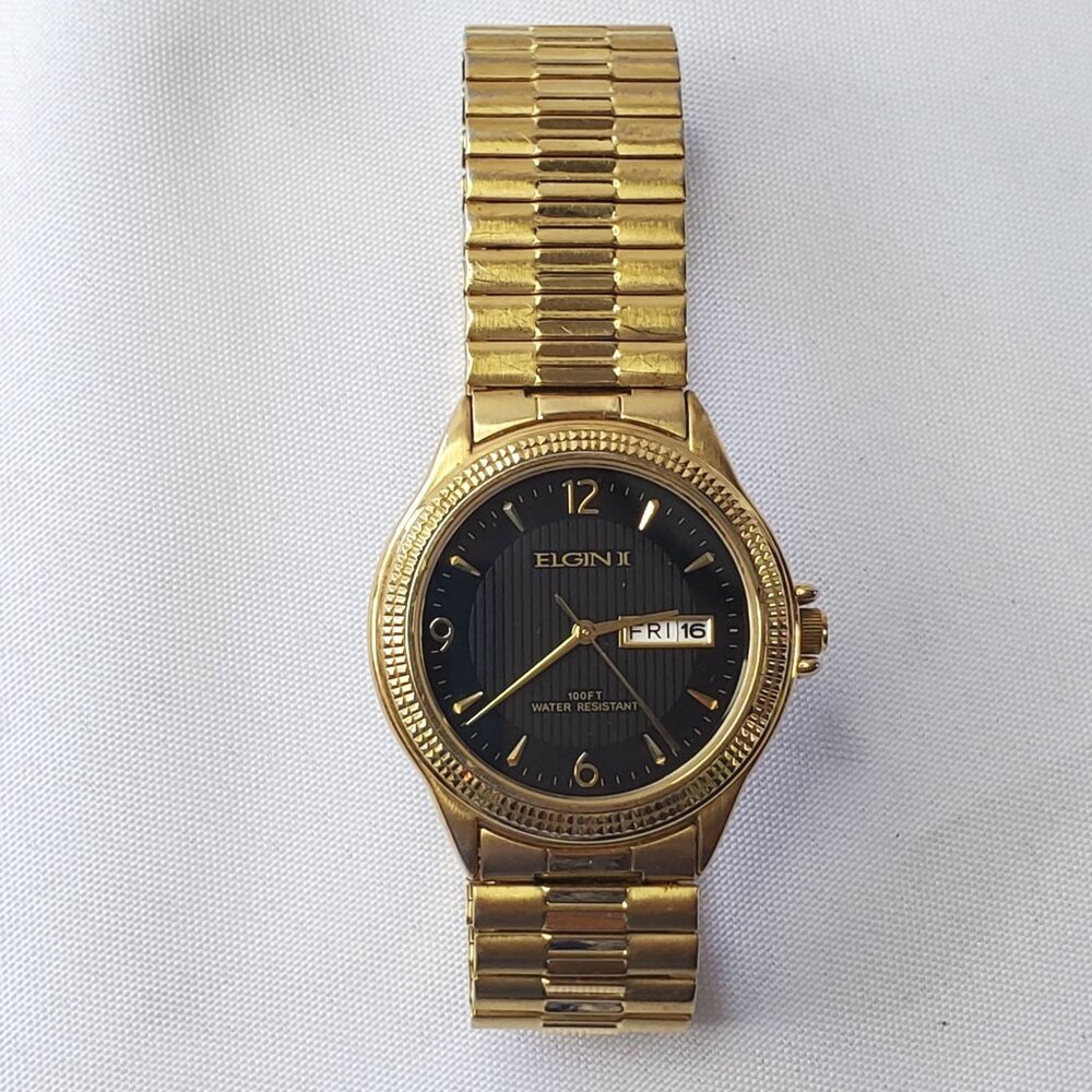 Elgin II Gold-Tone Mens Watch Black Dial Day & Date Display Water Resistant - Picture 11 of 11